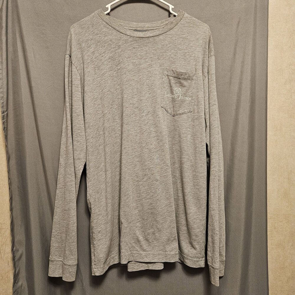 Lauren James Sip Sweetly Gray Long Sleeve Pocket Tee Shirt Womens Medium